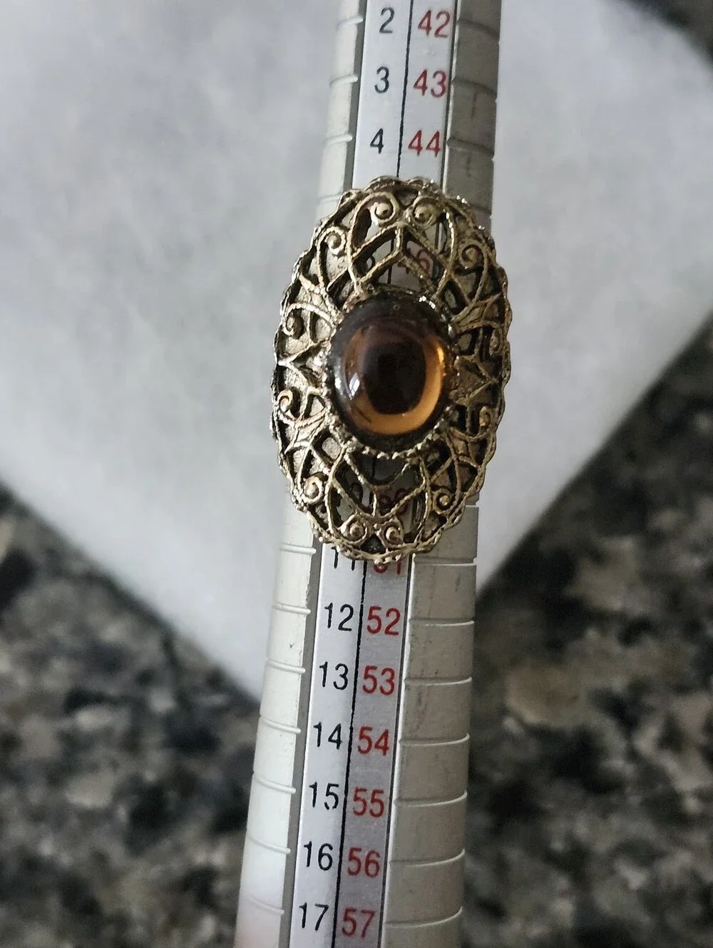 Vintage Filigree Oval Ring with Amber Cabochon